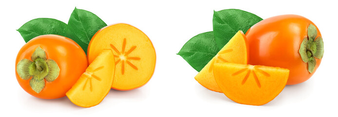 Persimmon fruit with leaves isolated on white background close-up