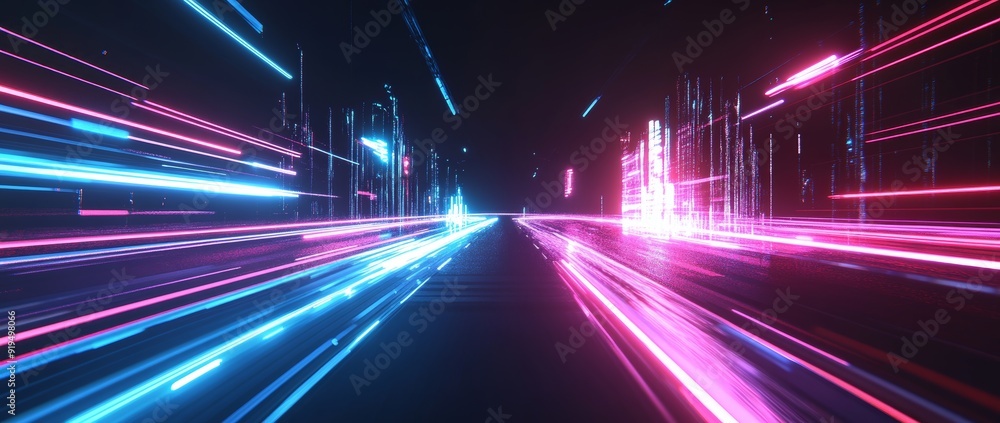 Poster generative stock background with neon pink lights symbolizing fidelity, constancy, and connection.