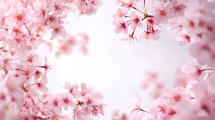 Obraz premium Wreath of small light pink cherry sakura flowers, copy space, natural organic floral frame. The generation of AI