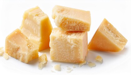 Pieces of parmesan cheese isolated on white background. Parmesan chunks with crumbs top view