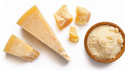 Pieces of parmesan cheese isolated on white background. Hard mature cheese Parmesan, Parmigiano in rough pieces top view, flat lay..