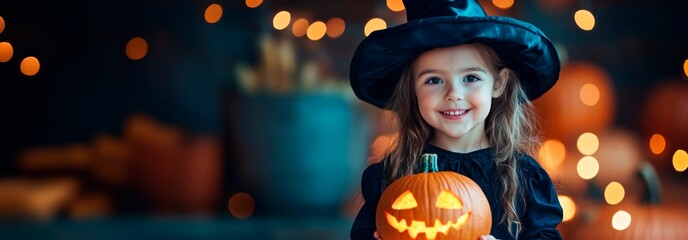 Little girl in witch costume holding a pumpkin on a Halloween background, copy space for text 