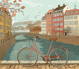 Fototapeta premium Cityscape with bicycle in the background, illustration, pastel colors, flat design
