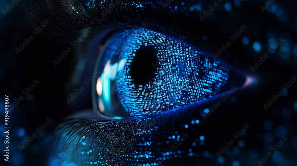 Poster rainbow lines scatter out of a bright binary circle forming a volumetric human eye iris and pupil af