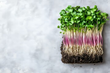 The micro green sprouts of mustard are surrounded by a gray background in this eco vegan healthy lifestyle bio banner.