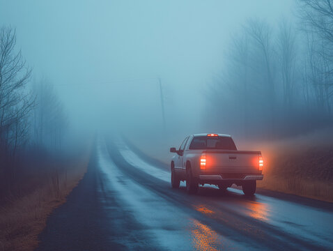 Pickup truck drive into fog on empty road with red taillight in silent town
