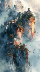 Stunning ancient Chinese temples nestled on misty mountain cliffs, surrounded by lush greenery, creating a serene and mystical atmosphere.
