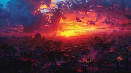 Stunning cityscape at sunset with vibrant hues, dense clouds, and fiery horizon. Perfect for dramatic landscape and skyline themes.