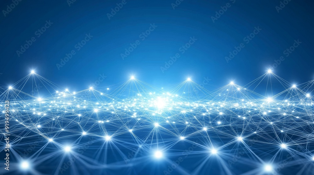 Poster the background is an abstract blue green technological image with a cyber network grid and connected