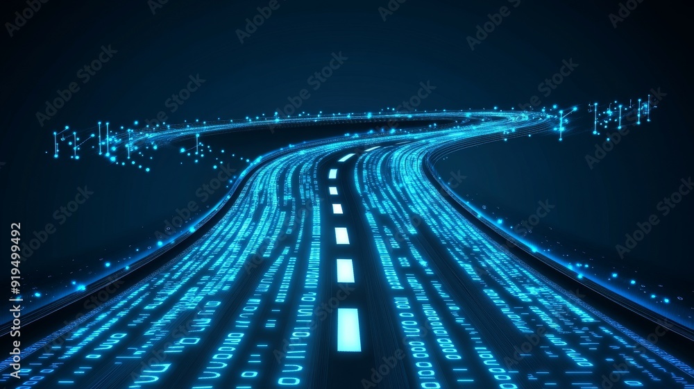 Poster streaming data, binary data moving on a digital road - illustration in 3d