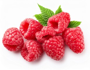 Raspberry isolated. Fresh raspberries on white background. Heap of fresh berries top view. Flat lay