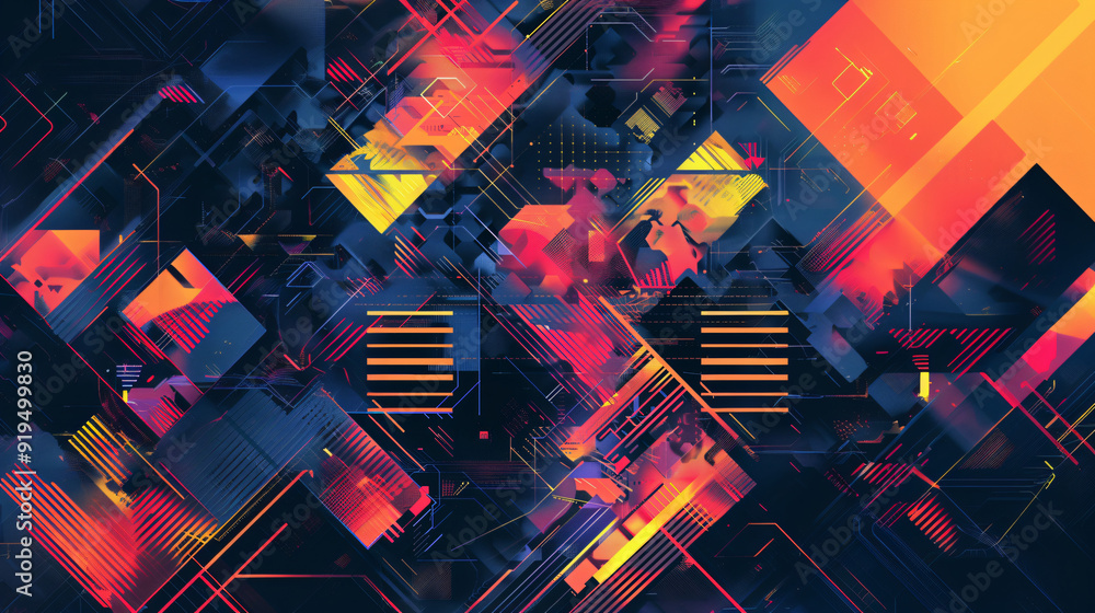 Poster modern and futuristic composition featuring a complex arrangement of geometric shapes in an abstract