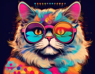 regal persian cat wearing avantgarde glasses pop art color palette quirky pet portrait...