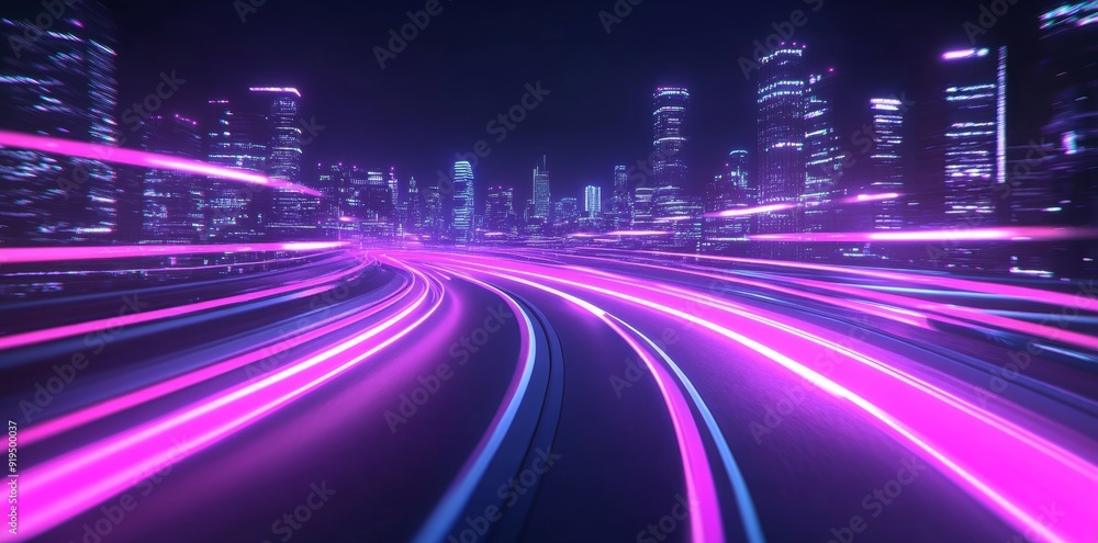 Poster a rendering of an abstract highway through digital binary towers in the city. big data concept, stoc