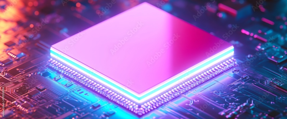 Poster 3d rendering of an electronic circuit board with glitter and machine learning. technology, internet 