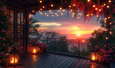 view over cozy outdoor terrace with outdoor string lights autumn evening on the roof terrace of a beautiful house with lanterns digital ai art.