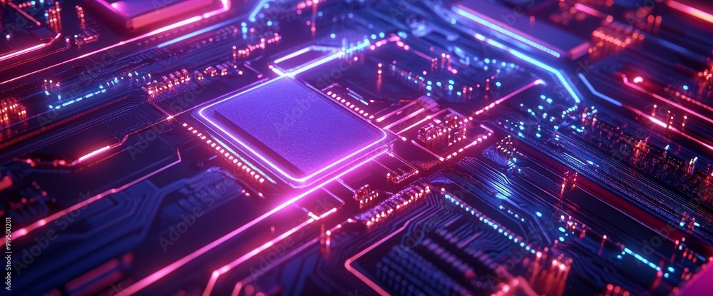 Poster electronic circuit board with glitter, machine learning and modern computer technology concept. busi