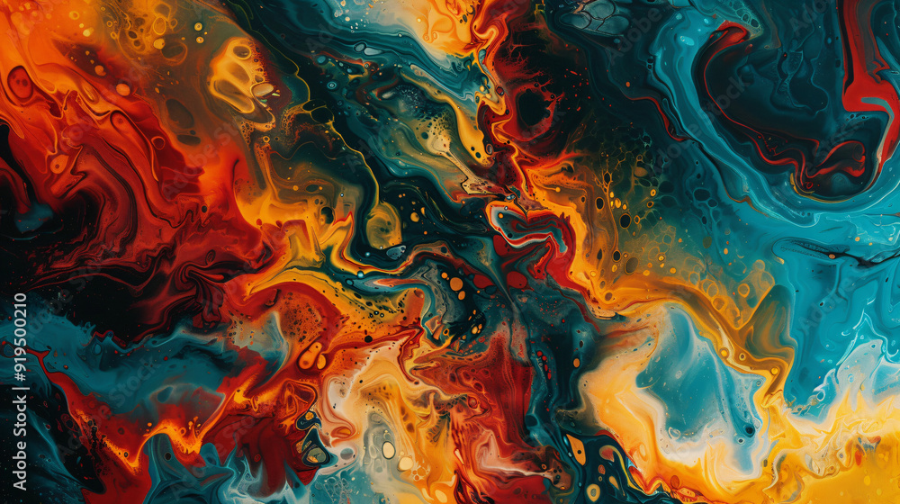Poster abstract painting showcasing vibrant colors and mesmerizing swirls, creating a captivating fluid art