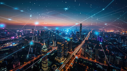 Futuristic Digital Cityscape with Data Streams