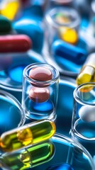 Pharmaceutical Symphony: A vibrant array of capsules and pills arranged on petri dishes, bathed in cool blue light, evoke the promise and precision of modern medicine. 
