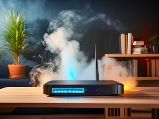 Broadband router on living room coffee table with sparks and smoke coming from it's rear 