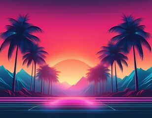 Fototapeta premium retrofuturistic sunrise scene with neonhued palm trees silhouetted against gradient sky mountains in background
