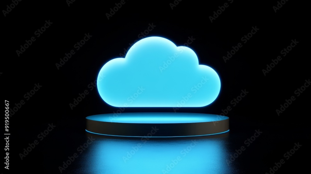 Poster the blue digital cloud computing logo is rotated with an ai technology icon on a futuristic abstract