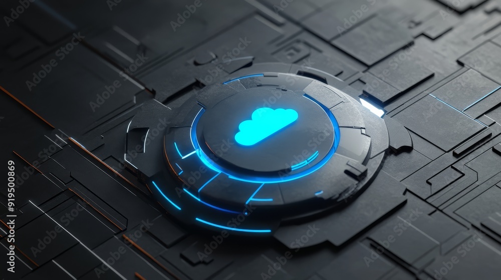 Poster digital cloud computing logo with particle ring circle rotation and stock icon on futuristic abstrac