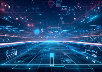 AI-powered sporting event with augmented reality displays creates dynamic and futuristic atmosphere