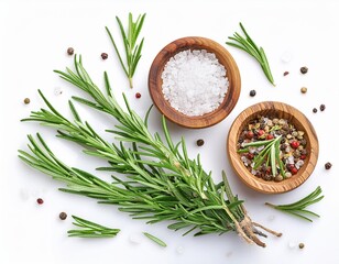 Rosemary twig and leaves isolated on white background. Fresh Rosmary bunch with spices and sea salt Top view. Herbs Flat lay.
