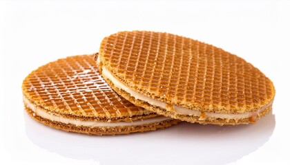 Round dutch waffles with caramel and honey isolated on white background. Caramel stroopwafels Side view. Close-up.