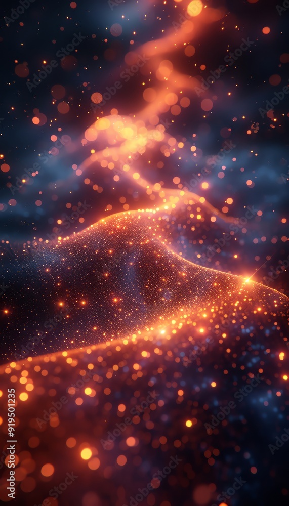 Aufkleber abstract glowing particles in a wave-like pattern with warm orange and blue colors, creating a mysti