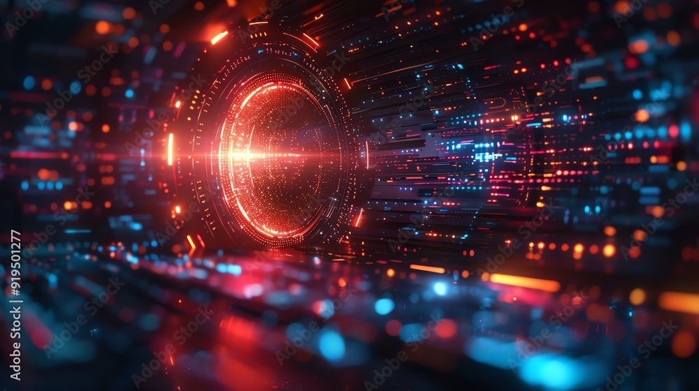 Poster futuristic digital data technology, abstract background with glowing lines and circular interface, c