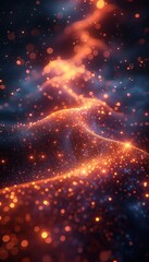 Fototapeta premium Abstract glowing particles in a wave-like pattern with warm orange and blue colors, creating a mystical and futuristic atmosphere.
