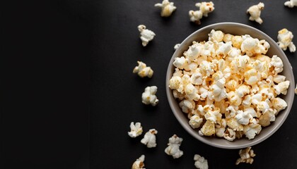 Scattered salted popcorn in a bowl on black background with copy space. Homemade Popcorn Top view. .