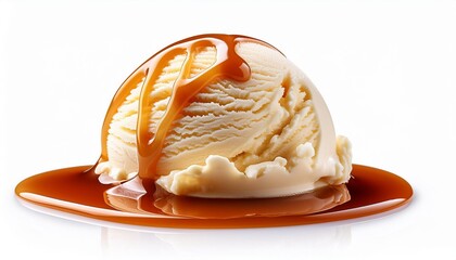 Scoop of vanilla ice cream ball with caramel toffee sauce isolated on white background