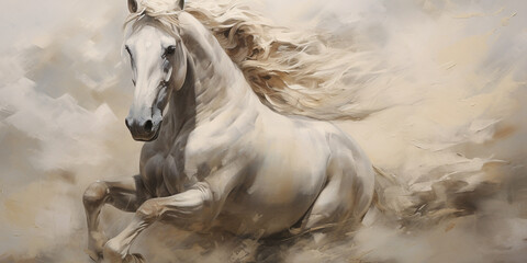 Wall art featuring a large white horse with long hair