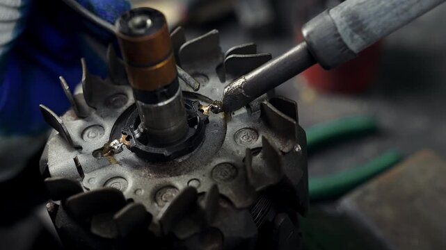 Car mechanic soldering car generator inner spare part