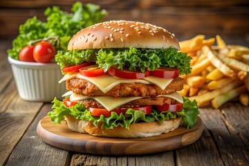 double-layered chicken sandwich with crispy fries and sides on a wooden table. The sandwich features fresh lettuce, tomatoes, and melted cheese, highlighting a delicious and indulgent fast food meal.