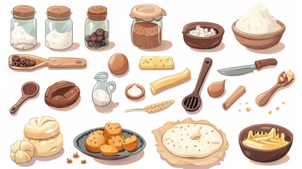 Illustrations depicting a variety of baking ingredients and pastry dough