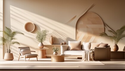 serene minimalist interior bathed in geometric sunlight patterns neutral tones natural textures and sleek furniture creating a calm modern ambiance empty wall for personalization