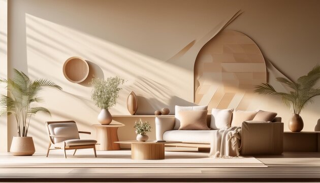 serene minimalist interior bathed in geometric sunlight patterns neutral tones natural textures and sleek furniture creating a calm modern ambiance empty wall for personalization