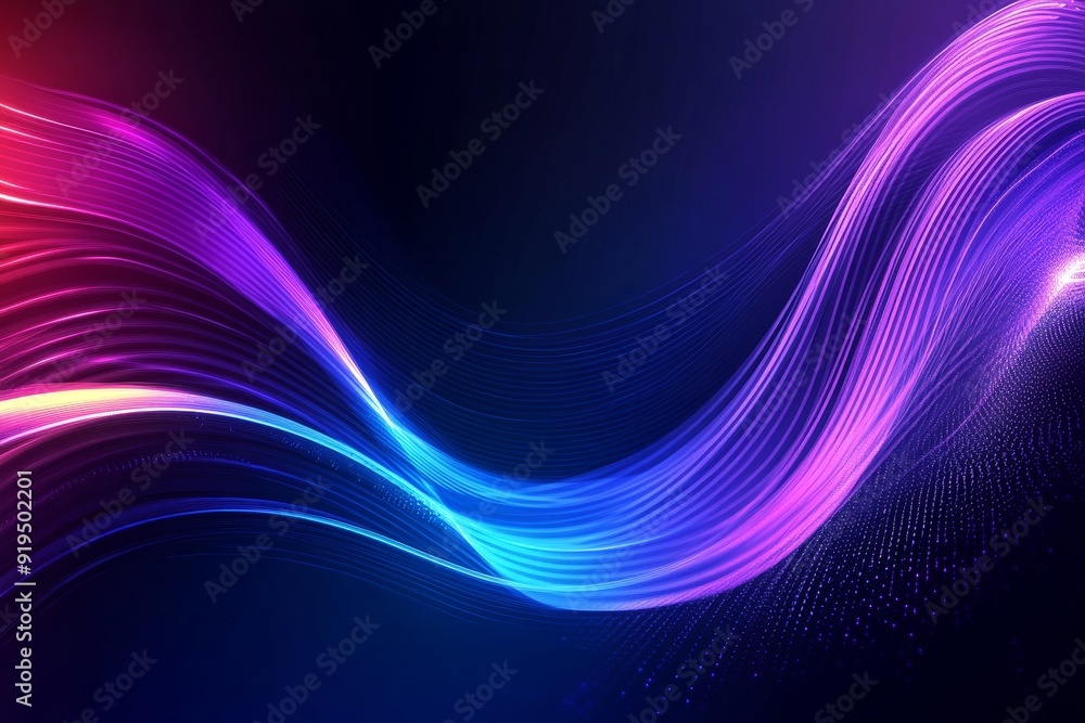 Poster the background is abstract futuristic with moving neon wave lines bokeh lights, pink blue, moving hi