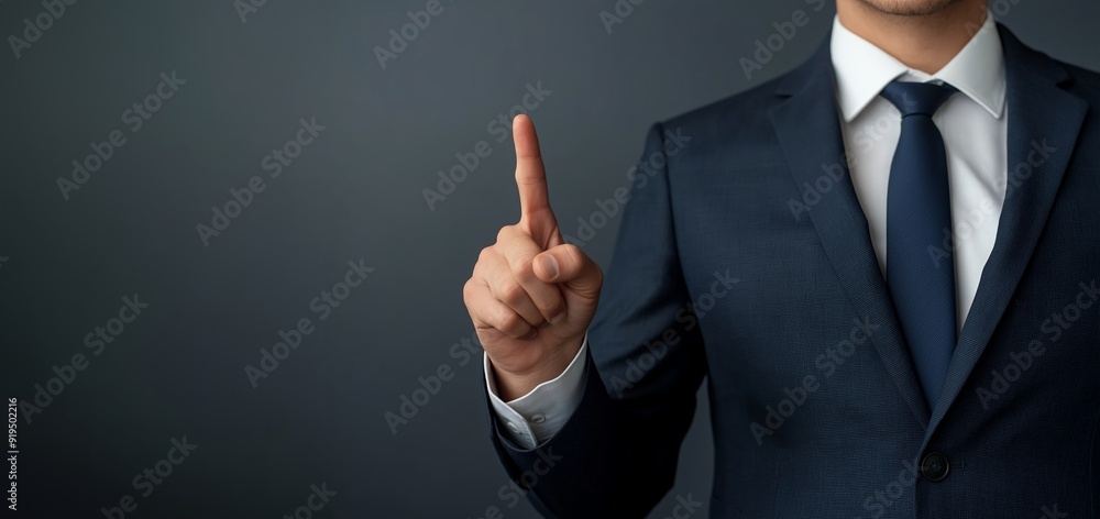 Wall mural businessman in suit point finger at camera in front of black background.