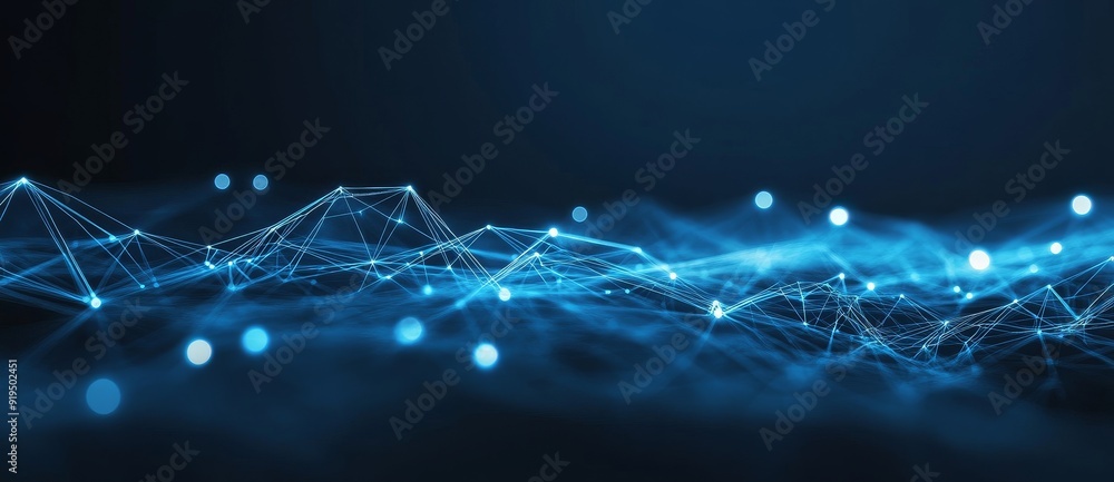 Poster digital banner with blue abstract background featuring a network grid and particles connected to one