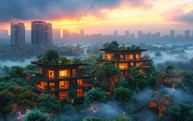 Modern eco-friendly homes in a misty urban forest at sunrise. Two contemporary houses emerge from a foggy forest as the sun rises