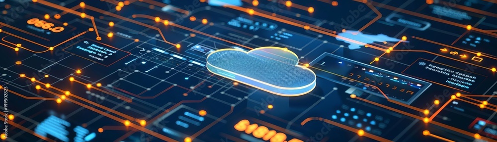 Poster cloud computing technology concept. digital data exchange and storage depicted by a futuristic cloud