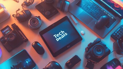A collection of cameras, laptops, and tech accessories highlights exciting sales opportunities for tech enthusiasts