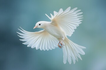 Fototapeta premium A beautiful white bird captured in mid-flight with its wings fully outstretched against a soft blue background.