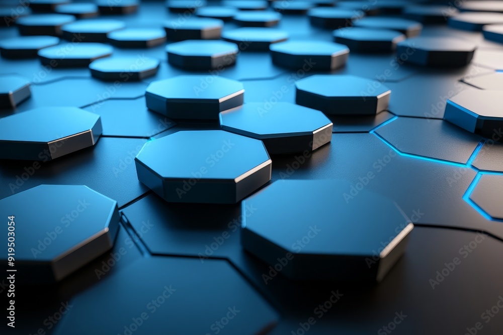 Poster abstract futuristic background with hexagons and blue neon lights. 3d rendering. rendering of abstra